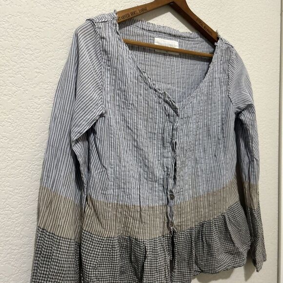 Khadi and Co. Bess Nielsen Blouse Stripe Medium Brown Blue - Picture 3 of 16